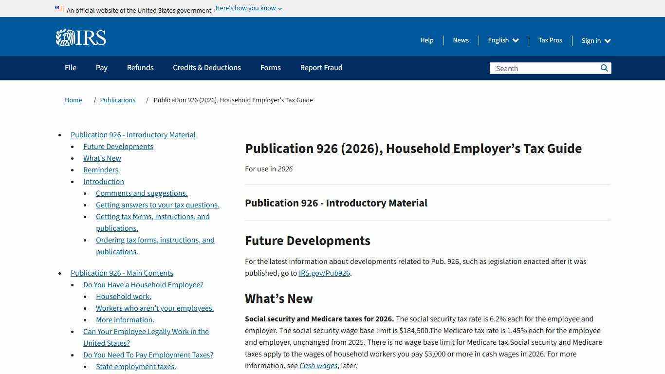 Publication 926 (2026), Household Employer’s Tax Guide | Internal Revenue Service